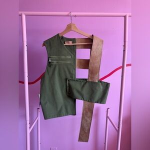 Olive Green Utility Vest with Brown Strap
